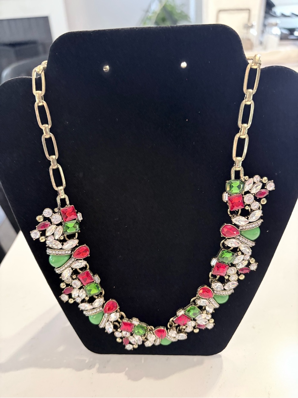 Gold-Tone Statement Necklace with Pink and Green Stones